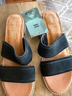 TOMS Women’s Black Double-Strap Slide Sandals with Tan Footbed